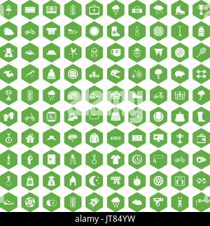 100 woman sport icons hexagon green Stock Vector