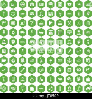 100 work icons hexagon green Stock Vector