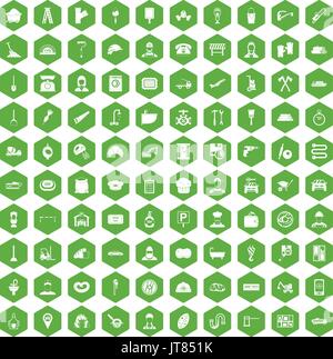 100 working professions icons hexagon green Stock Vector