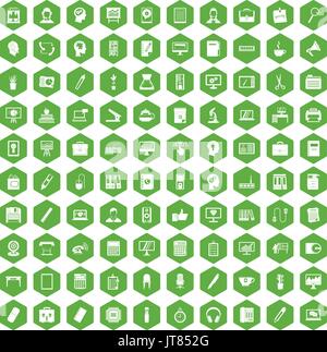 100 work space icons hexagon green Stock Vector