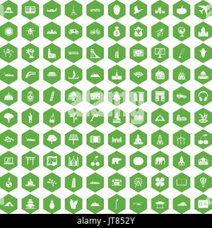 100 world icons hexagon green Stock Vector