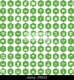 100 world tour icons hexagon green Stock Vector