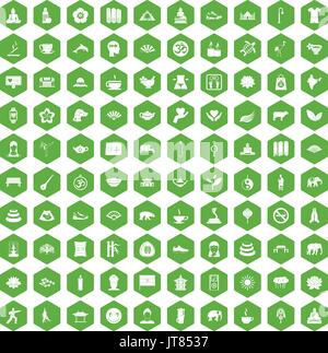 100 yoga icons hexagon green Stock Vector