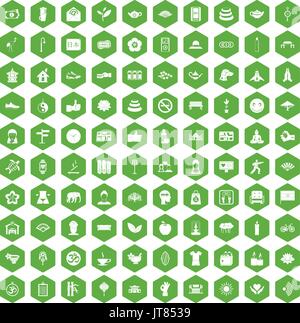 100 yoga studio icons hexagon green Stock Vector