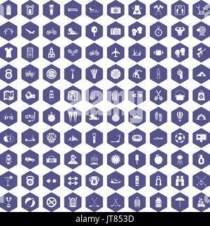 100 active life icons hexagon purple Stock Vector