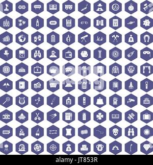 100 adult games icons hexagon purple Stock Vector