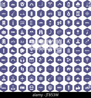 100 adventure icons hexagon purple Stock Vector