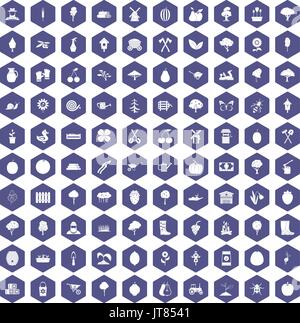 100 agriculture icons hexagon purple Stock Vector