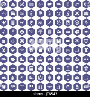 100 alarm clock icons hexagon purple Stock Vector