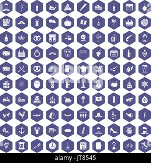 100 alcohol icons hexagon purple Stock Vector