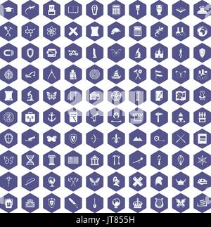 100 archeology icons hexagon purple Stock Vector