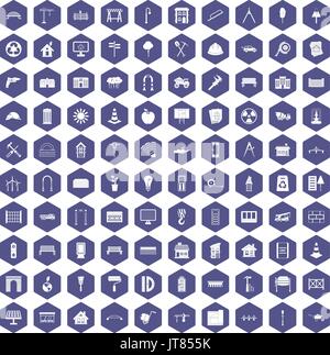 100 architecture icons hexagon purple Stock Vector