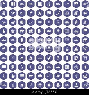 100 Asia icons hexagon purple Stock Vector