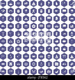 100 asian icons hexagon purple Stock Vector