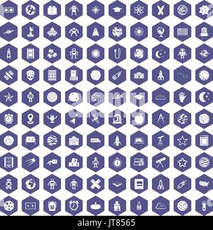 100 astronomy icons hexagon purple Stock Vector