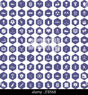 100 athlete icons hexagon purple Stock Vector