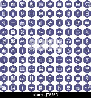 100 audio icons hexagon purple Stock Vector