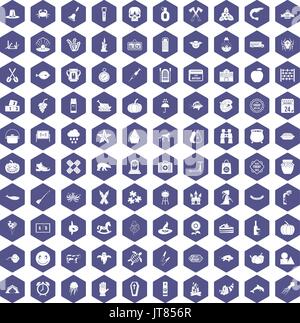 100 autumn holidays icons hexagon purple Stock Vector