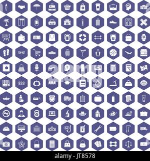 100 bag icons hexagon purple Stock Vector