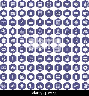 100 bakery icons hexagon purple Stock Vector