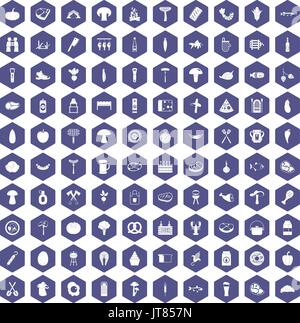 100 barbecue icons hexagon purple Stock Vector