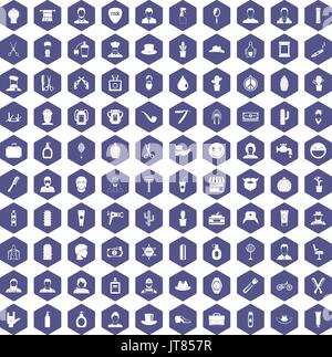 100 barber icons hexagon purple Stock Vector