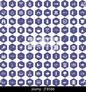100 BBQ icons hexagon purple Stock Vector