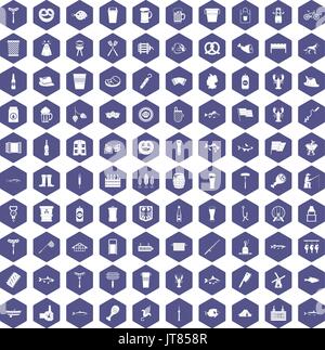 100 beer icons hexagon purple Stock Vector