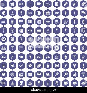100 beer party icons hexagon purple Stock Vector