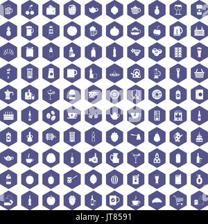 100 beverage icons hexagon purple Stock Vector