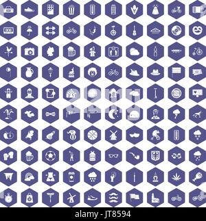 100 bicycle icons hexagon purple Stock Vector