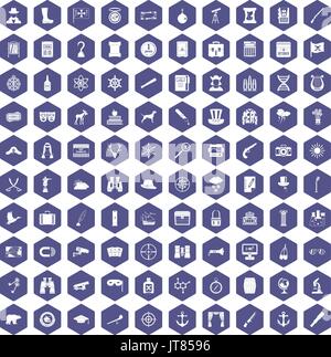 100 binoculars icons hexagon purple Stock Vector