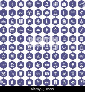100 birthday icons hexagon purple Stock Vector