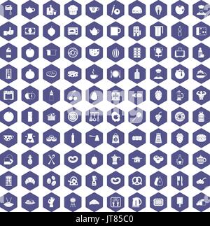 100 breakfast icons hexagon purple Stock Vector