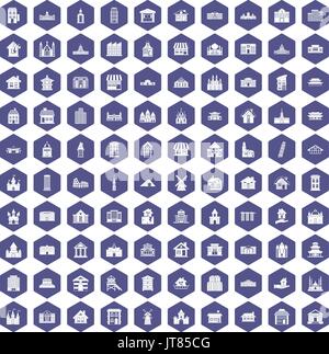 100 building icons hexagon purple Stock Vector