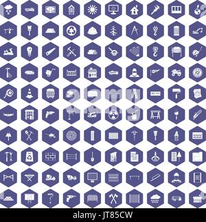100 building materials icons hexagon purple Stock Vector