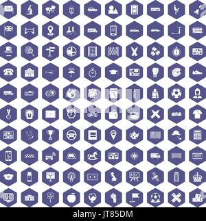 100 bus icons hexagon purple Stock Vector