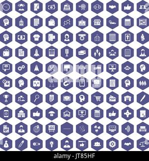 100 business strategy icons hexagon purple Stock Vector