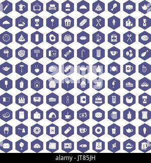 100 cafe icons hexagon purple Stock Vector