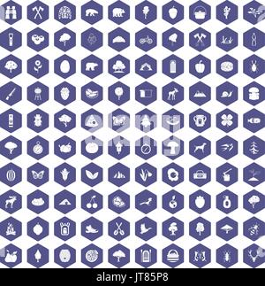 100 camping and nature icons hexagon purple Stock Vector