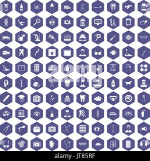 100 care icons hexagon purple Stock Vector
