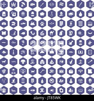 100 cat icons hexagon purple Stock Vector