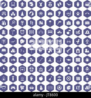 100 childhood icons hexagon purple Stock Vector