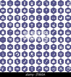 100 children icons hexagon purple Stock Vector
