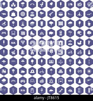 100 childrens park icons hexagon purple Stock Vector