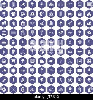 100 childrens playground icons hexagon purple Stock Vector