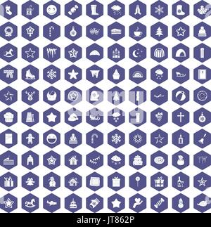 100 christmas icons hexagon purple Stock Vector
