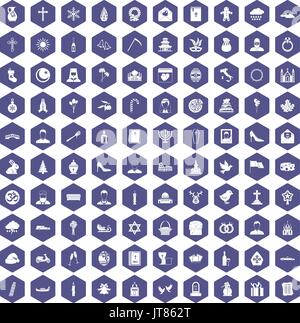 100 church icons hexagon purple Stock Vector