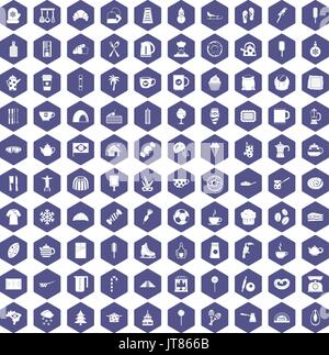 100 coffee icons hexagon purple Stock Vector