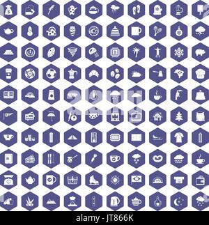 100 coffee cup icons hexagon purple Stock Vector